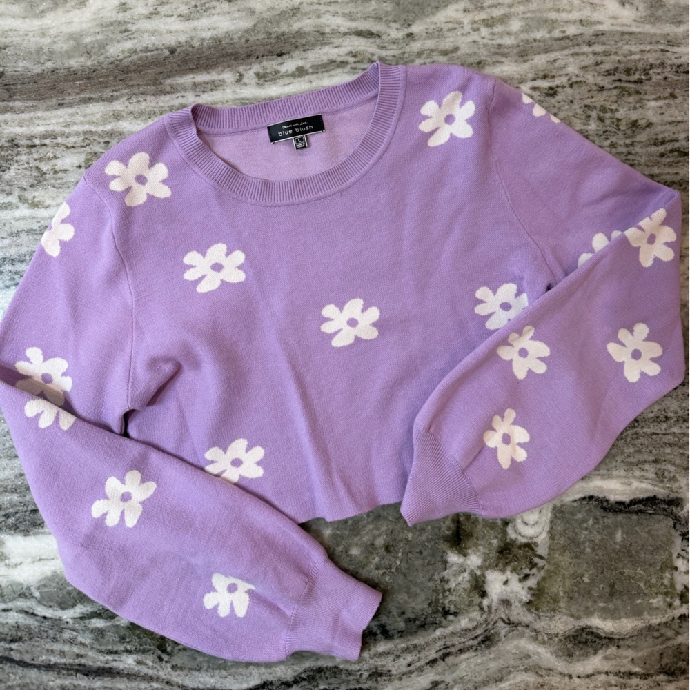Blue Blush Lavender Floral Crewneck Sweater with White Flowers
